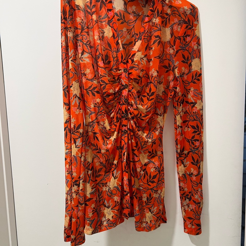 Free People Orange Ruched Tie Front Blouse